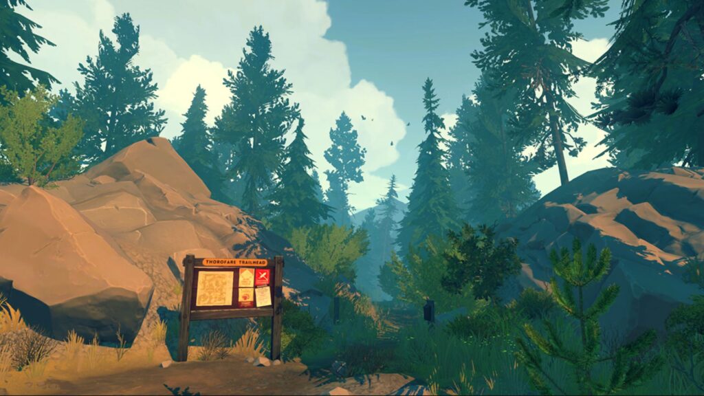 Firewatch, image du jeu présentant un panneau devant une forêt // Source : Nintendo