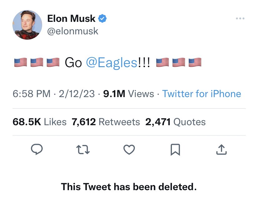 On pensait qu'Elon Musk avait supprimé ce tweet à cause de la défaite de son équipe, mais seule son audience l'intérese; // Source : Matt Binder / Twitter