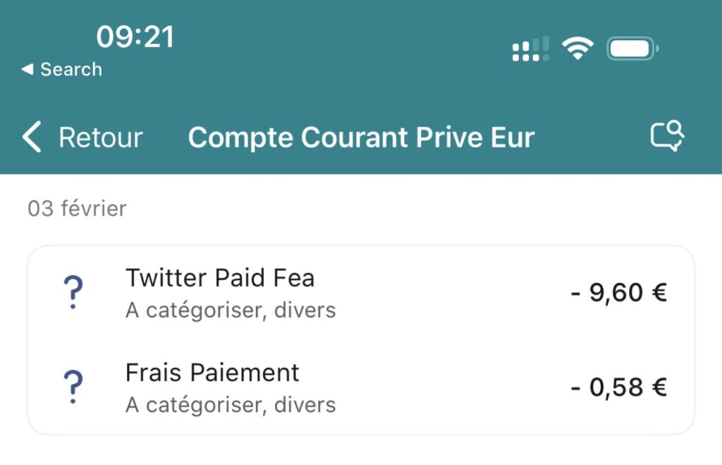 La CIC prélève 58 centimes pour un abonnement Twitter Blue. // Source : Numerama