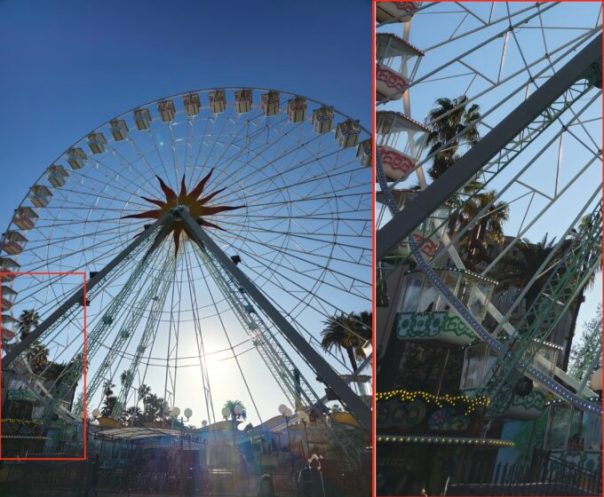 À droite, voici la version zoomée de ce qui est entouré en rouge. On pourrait croire qu'il s'agit d'une photo prise normalement, puisqu'il n'y a pas de pixels visibles. // Source : Numerama