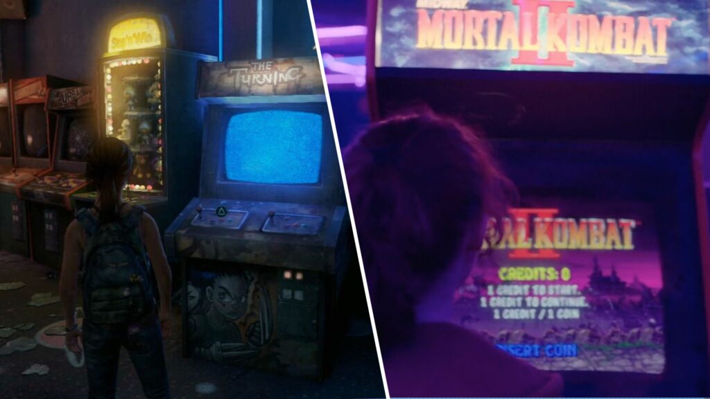 Le moment du jeu d'arcade dans le jeu vs. dans la série. // Source : NaughtyDog/HBO