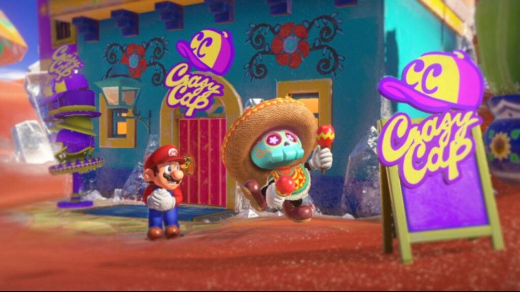 Mario devant une maison bleu mexicaine dans Mario Odyssey // Source : capture d'écran