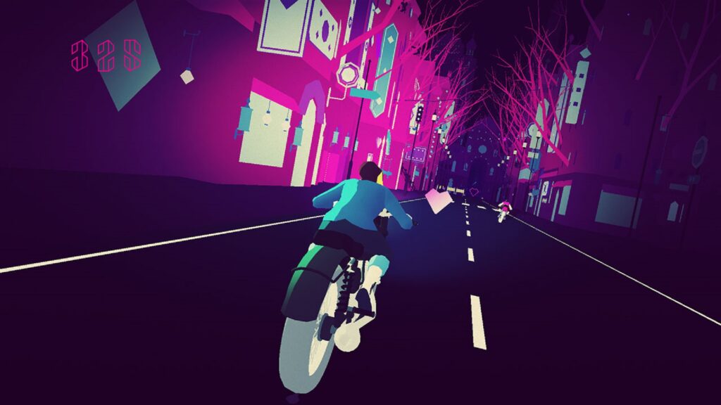 Chaque course à moto de Sayonara Wild Hearts sont aussi un jeu de rythme // Source : Nintendo