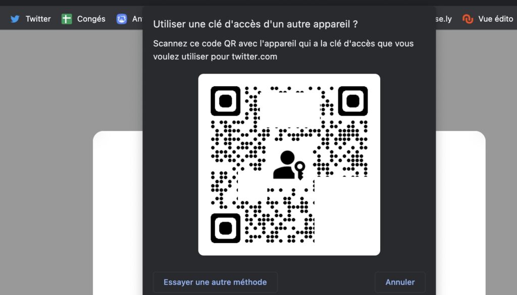 Voilà à quoi ressemble une connexion sur Google Chrome avec un passkey. Il faut ensuite scanner ce code avec son téléphone pour se passer du code. // Source : Capture Numerama