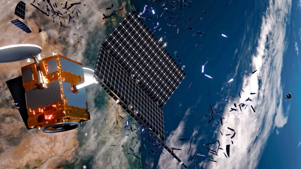 Un satellite se brisant dans l'espace. // Source : ESA/ID&Sense/ONiRiXEL , CC BY-SA 3.0 IGO