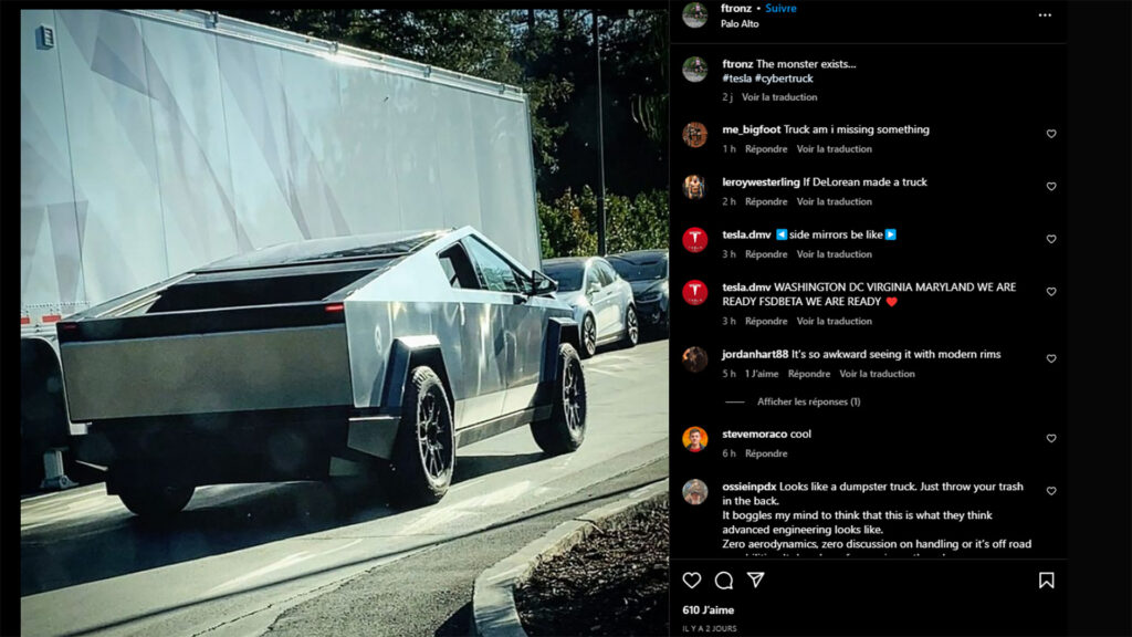 Prototype Cybertruck surpris à Palo Alto // Source : @ftronz sur Instagram