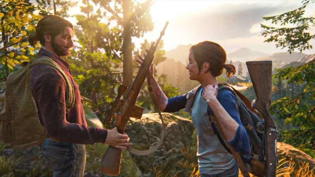 Tommy teaches Ellie how to sniper, in a flashback to Part II.  // Source: Naughty Dog