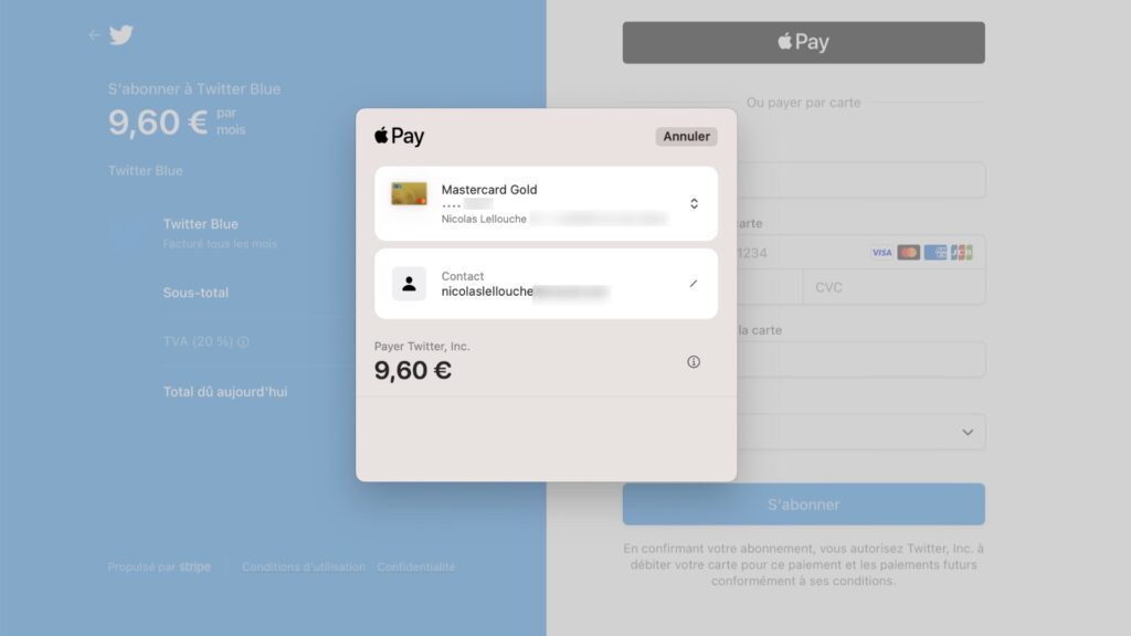 Pour les paiements sur son site, Twitter utilise le moteur de Stripe. Apple Pay est accepté. // Source : Capture Numerama