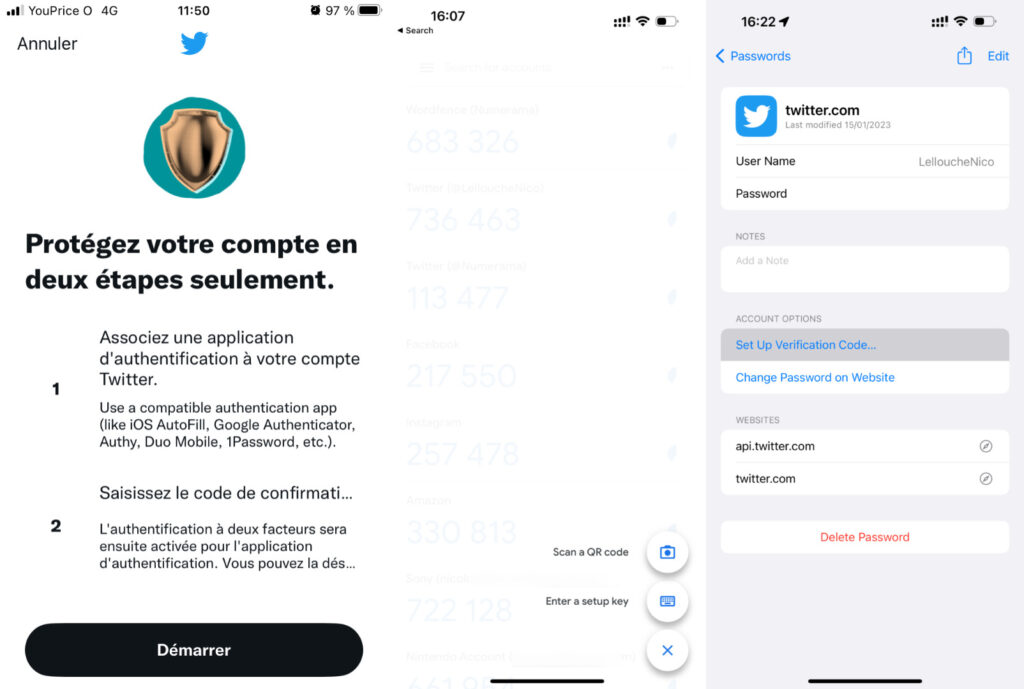 À gauche, Twitter. Au milieu, Google Authenticator. À droite, les réglages d'iOS. // Source : Numerama