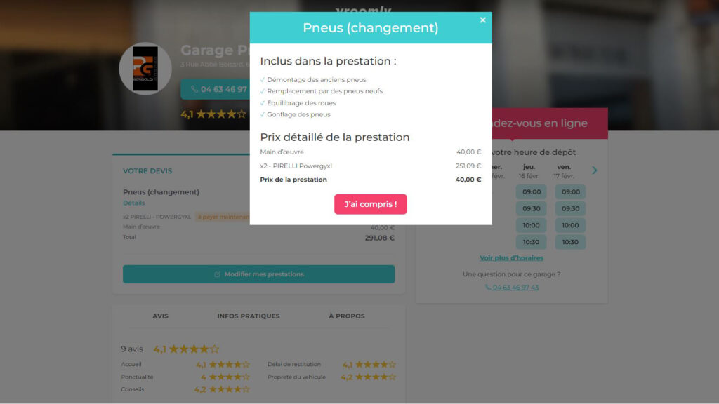 Avant de payer, vous pouvez obtenir le détail des prestations proposées par le garagiste séletionné // Source : Vroomly