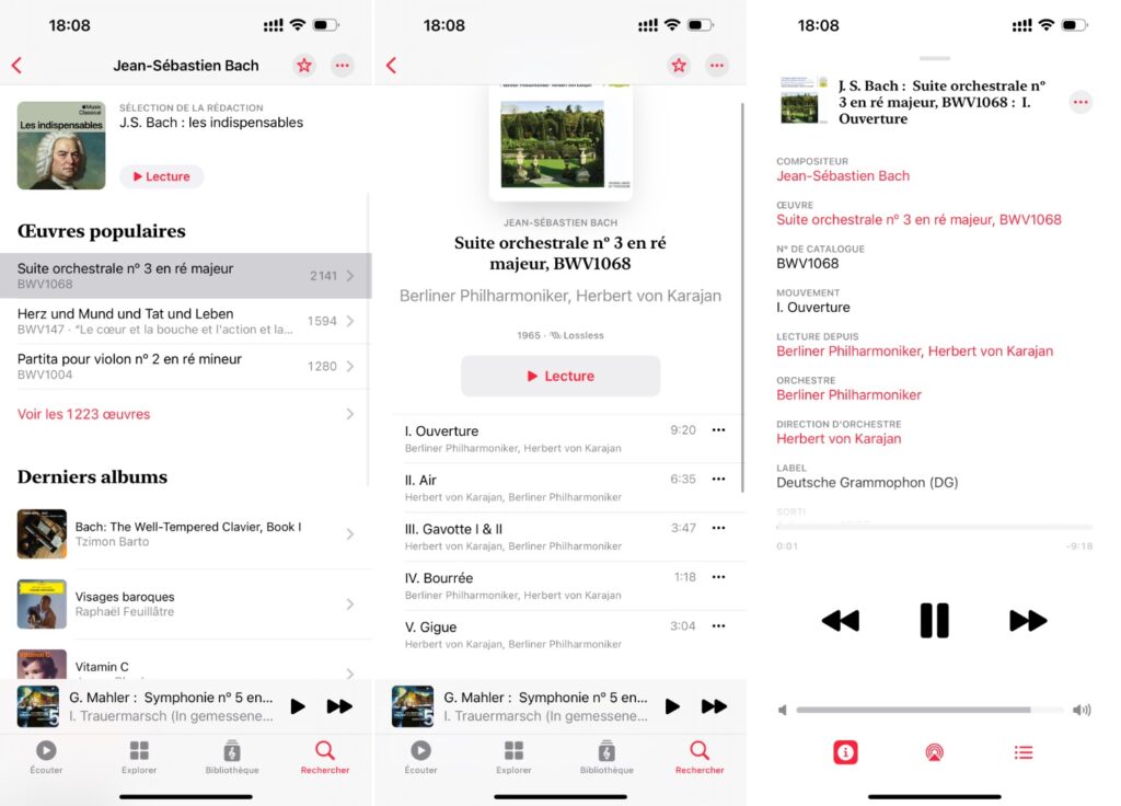 Pour chaque composition, Apple Music Classical affiche le nombre de titres existants. Les titres sont sur plusieurs lignes et les infos sont complètes.  // Source : Captures Numerama