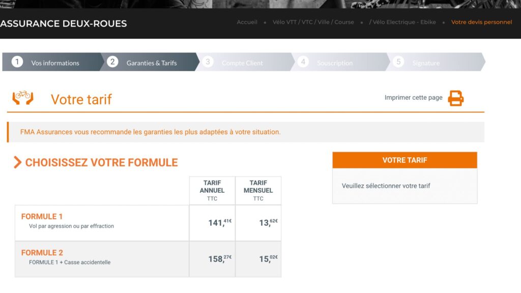 Grille tarifaire pour l'assurance d'un vélo à assistance électrique d'une valeur de 1 300 € chez FMA // Source : capture d'écran