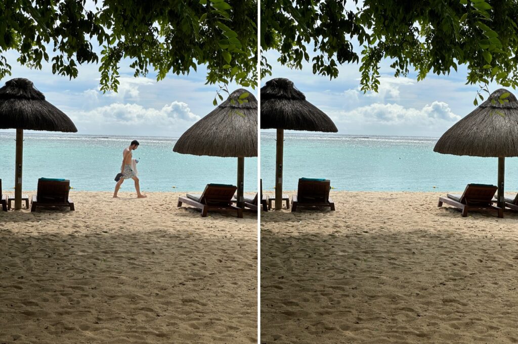 Avant / Après. La mer est un arrière-plan très simple à imaginer pour Google Photos. // Source : Numerama