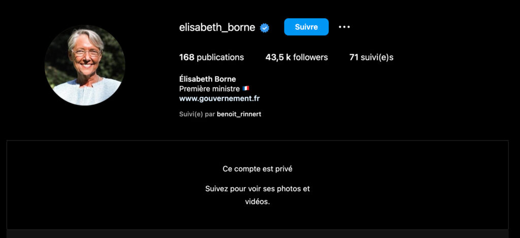 Le compte Instagram d'Élisabeth Borne a été passé en privé  // Source : Capture d'écran Numerama