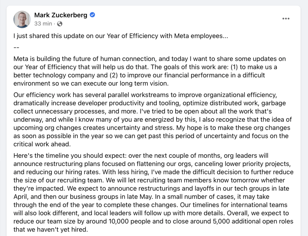 Sur Facebook, Mark Zuckerberg a publié une longue lettre sur sa décision? // Source : Facebook