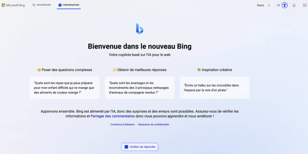 Chez Numerama, Marie n'a pas été tirée au sort. Pourtant, Marie peut accéder au nouveau Bing. // Source : Numerama