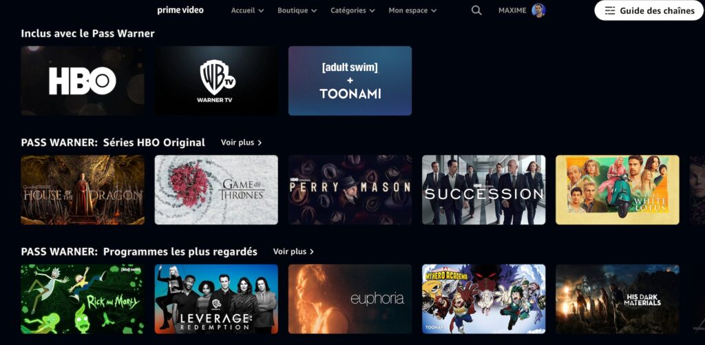 Le Pass Warner sur Amazon Prime Video // Source : Capture d'écran