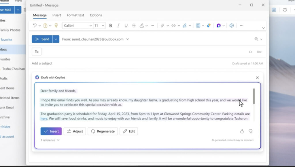 Copilot peut écrire des mails à votre place, il suffit de lui dire ce que vous voulez écrire en quelques mots.  // Source : Microsoft