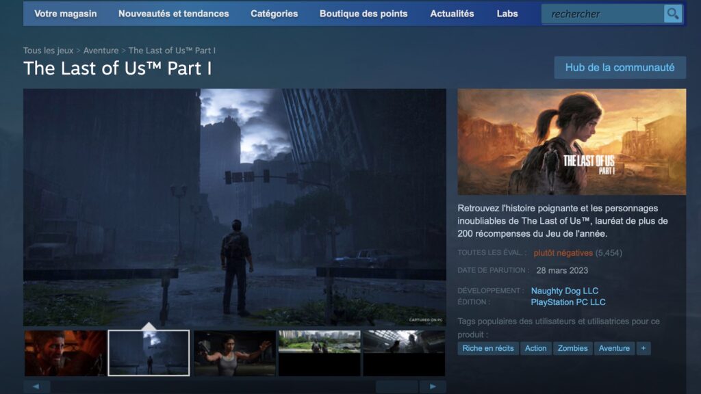 Page Steam de The Last of Us Part I // Source : Capture d'écran