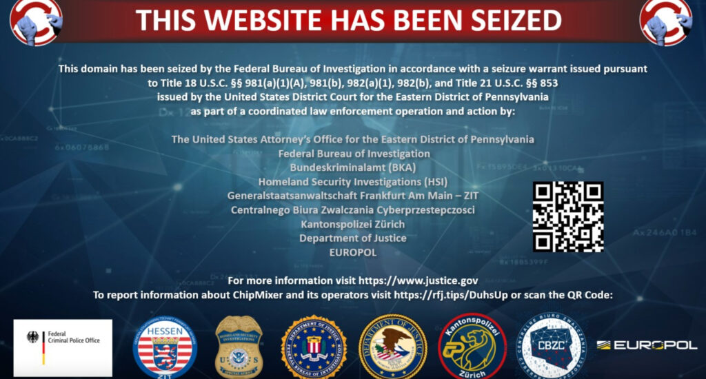 The ChipMixer website homepage displays a message from law enforcement // Source: Numerama screenshot