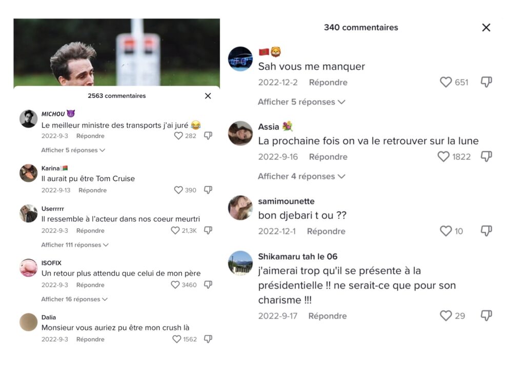 Des commentaires sous le TikTok de Jean-Baptiste Djebbari