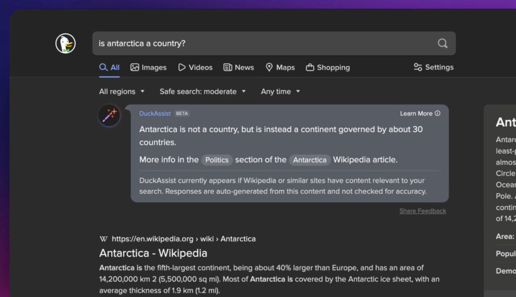 Un exemple de recherche avec DuckAssist // Source : DuckDuckGo Un exemple de recherche avec DuckAssist // Source : DuckDuckGo