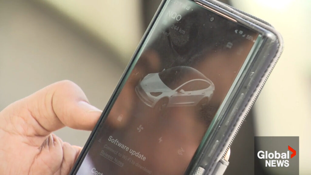 The Tesla app unlocked access to the vehicle // Source: Screenshot Global News