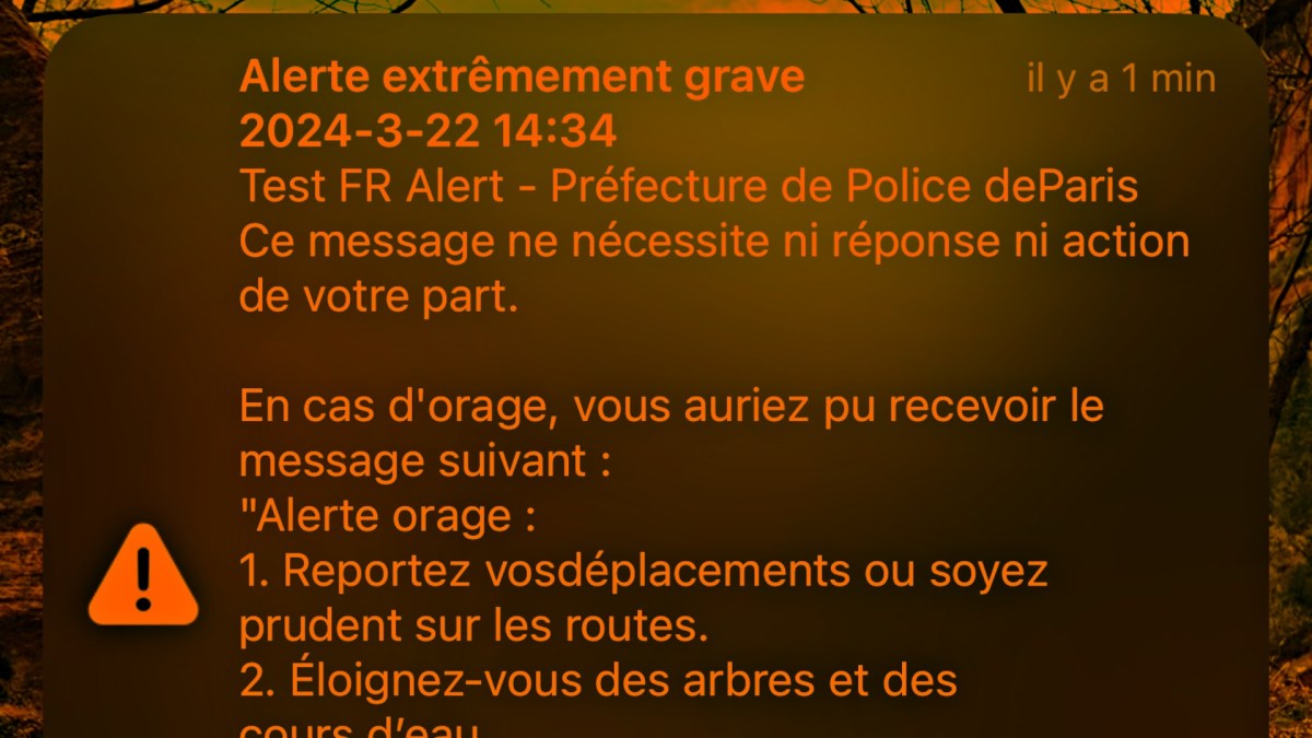 L'alerte FR-ALERT envoyée à Paris dans le 15ème arrondissement. // Source : Capture Numerama