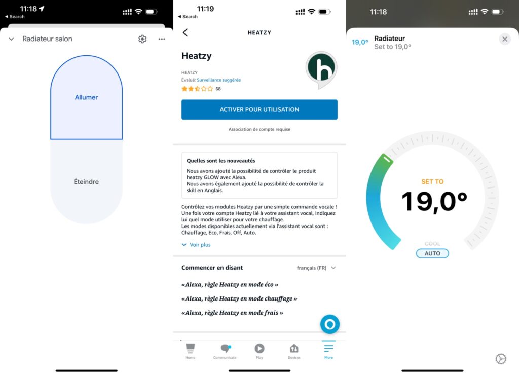 Le contrôle du Heatzy Pilote dans Google Home, Amazon Alexa et Apple Home (via Homebridge). // Source : Numerama