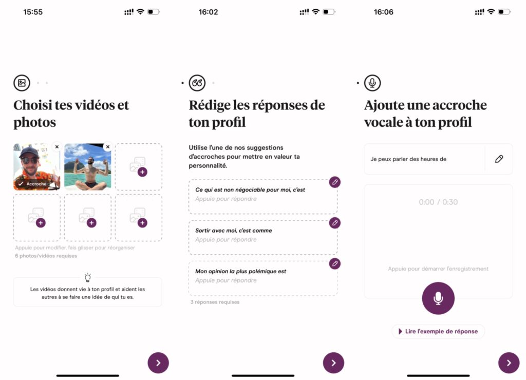 La création d'un profil sur Hinge est longue. On peut enregistrer sa voix et des vidéos. // Source : Numerama