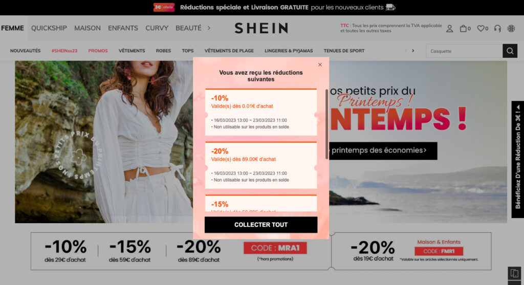 L'interface de Shein // Source : Numerama