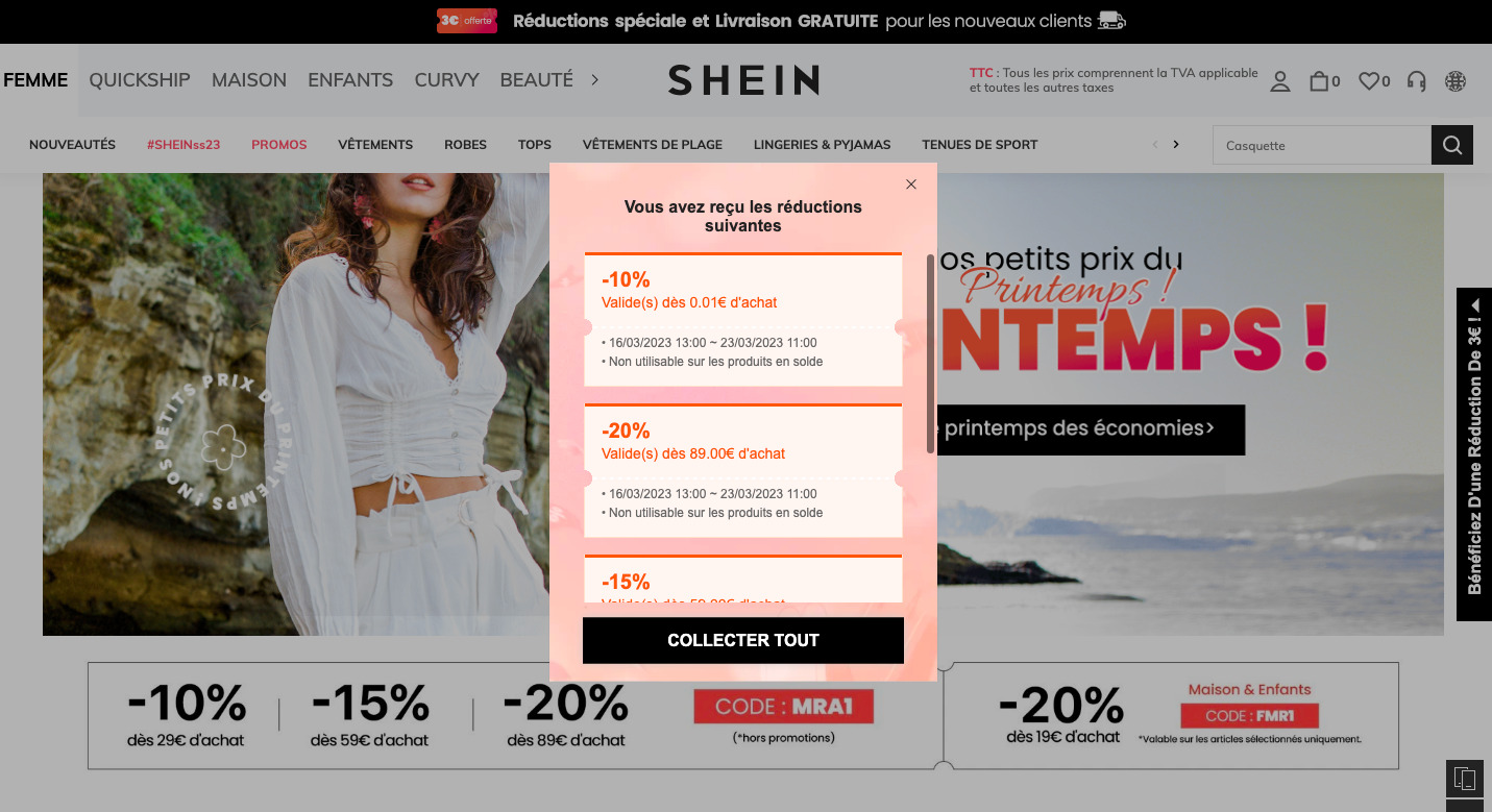 L'interface de Shein // Source : Numerama