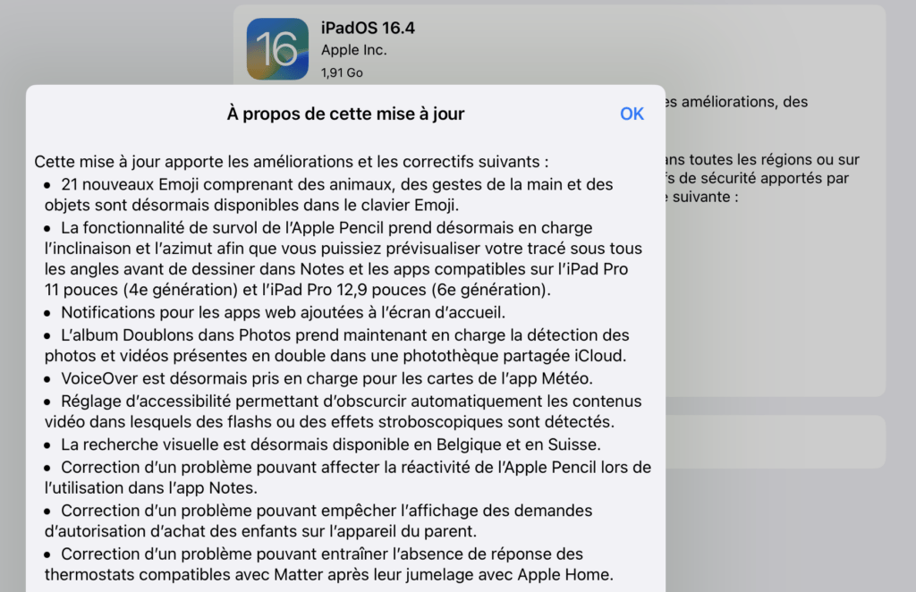 Toutes les nouveautés d'iPadOS 16.4 (les nouveautés sont les mêmes sur iPhone, sans l'Apple Pencil). // Source : Numerama