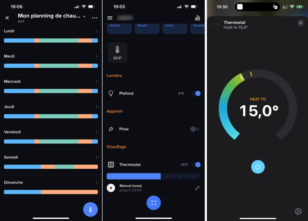 L'interface de l'appli Netatmo, avec le contrôle depuis Apple Maison à droite.