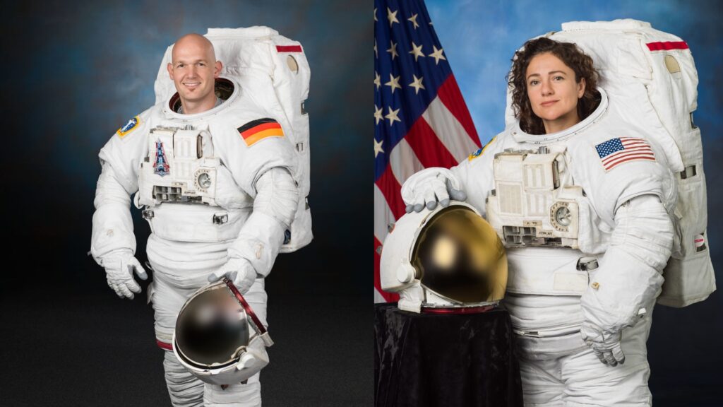 Les astronautes Alexander Gers et Jessica Meir en combinaison EMU // Source : NASA/Josh Valcarcel