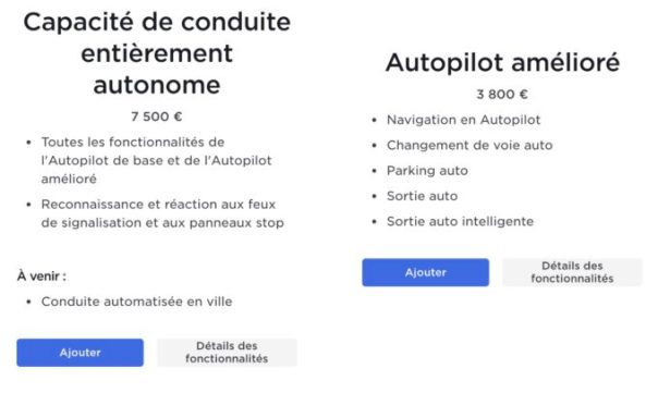 Les deux options d'assistances à la conduite de Tesla disponibles en France // Source : Capture d'écran Tesla