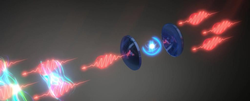 Artistieke weergave van quantum dot stimulatie met fotonen.  // Bron: Universiteit van Bazel