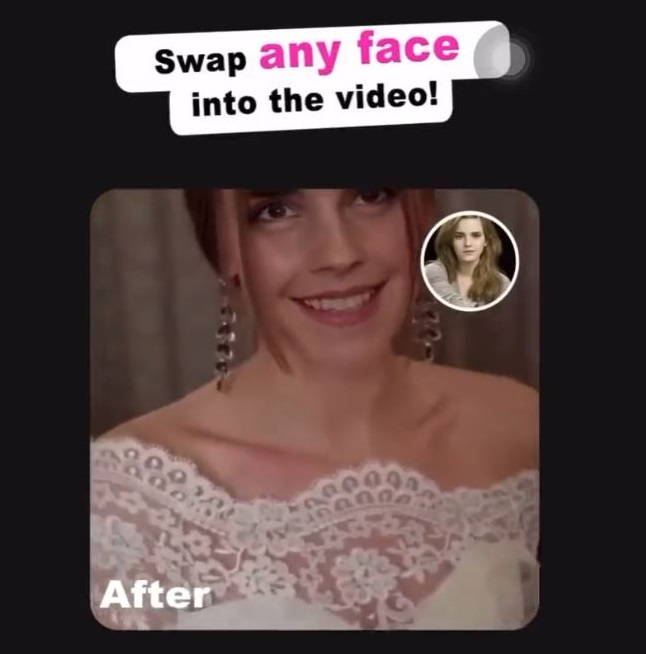 Une capture d'écran de la publicité pour une application de deepfakes (je n'inclus volontairement pas son nom et son logo)