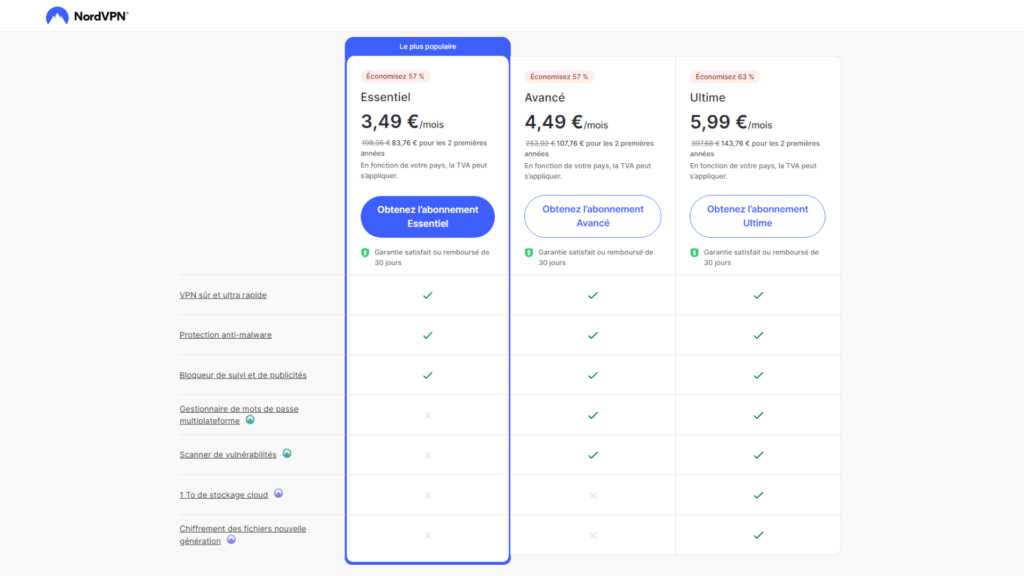 Les différentes formules NordVPN // Source : NordVPN