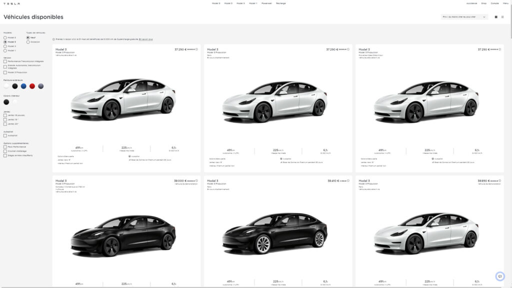 Stock important de Tesla avec des remises  // Source : Capture du site Tesla