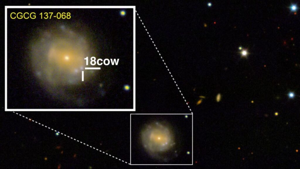 Słynna eksplozja gwiazdy Krowa, która miała miejsce 180 milionów lat świetlnych stąd.  // Źródło: Raffaella Margutti / Northwestern University / Keck Telescope