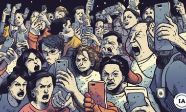 Des personnes énervées sur leur smartphone // Source : Midjourney/Numerama
