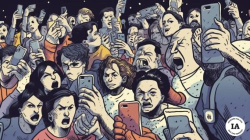 Des personnes énervées sur leur smartphone // Source : Midjourney/Numerama