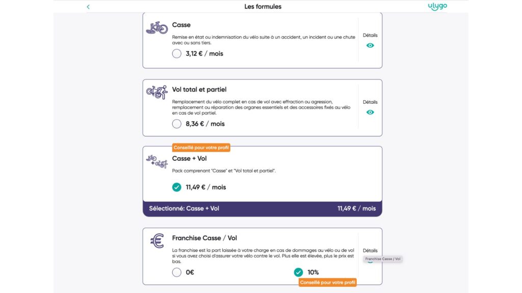 Interface utilisateur avec les différents choix de souscription à l'assurance vélo électrique Ulygo // Source : capture d'écran