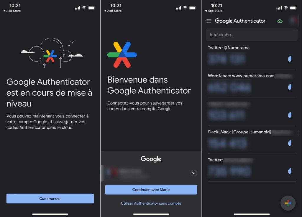 À la première ouverture de la nouvelle version de Google Authenticator, on nous propose de mettre à niveau le compte. // Source : Numerama