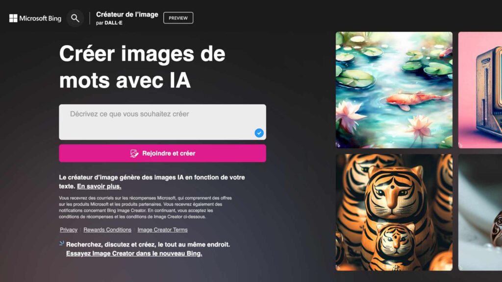 L'outil pour créer des images par IA intégré à Bing // Source : Bing