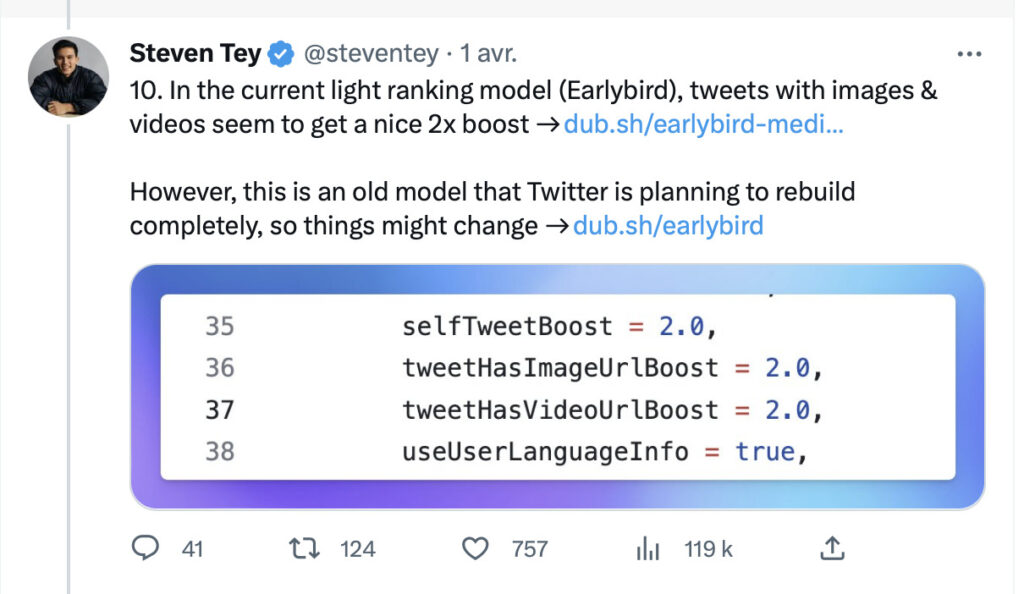 Ce bout de code prouve que les images influencent l'algorithme. // Source : Steven Tey / Twitter