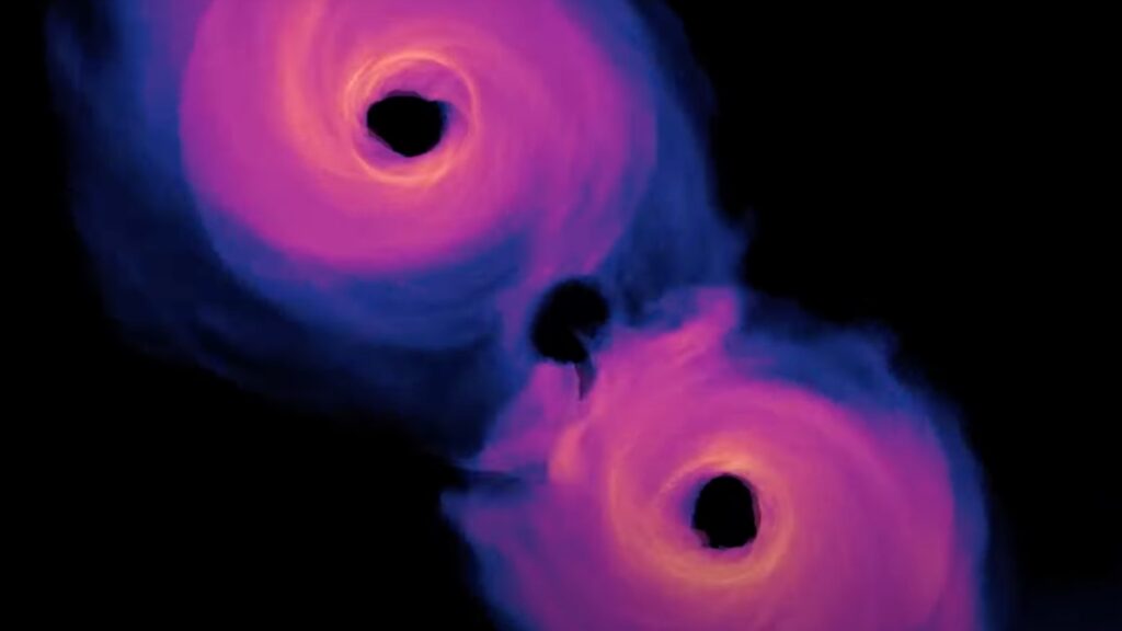 Deux trous noirs en collision  // Source : Capture YouTube/NASA