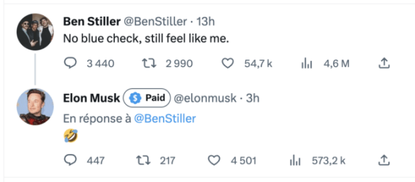 Malgré leur échange, Elon Musk n'a pas certifié Ben Stiller.  // Source : Numerama