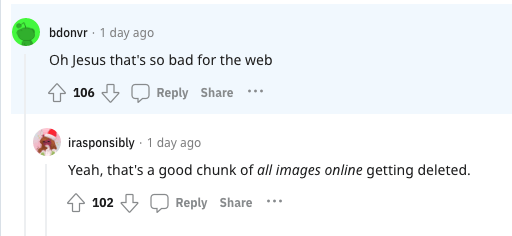 Sur Reddit, les internautes s'alarment de la suppression de contenus sur Imgur // Source : Reddit